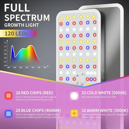 KINGPLUS Grow Lights with Stand, Full Spectrum Growing Light for Indoor Plants, 120 LEDs, 4 Dimmable Levels, Timer 4/8/12h, 12-60inches Height Adjustable,18w, Ideal for Desk Small Plants