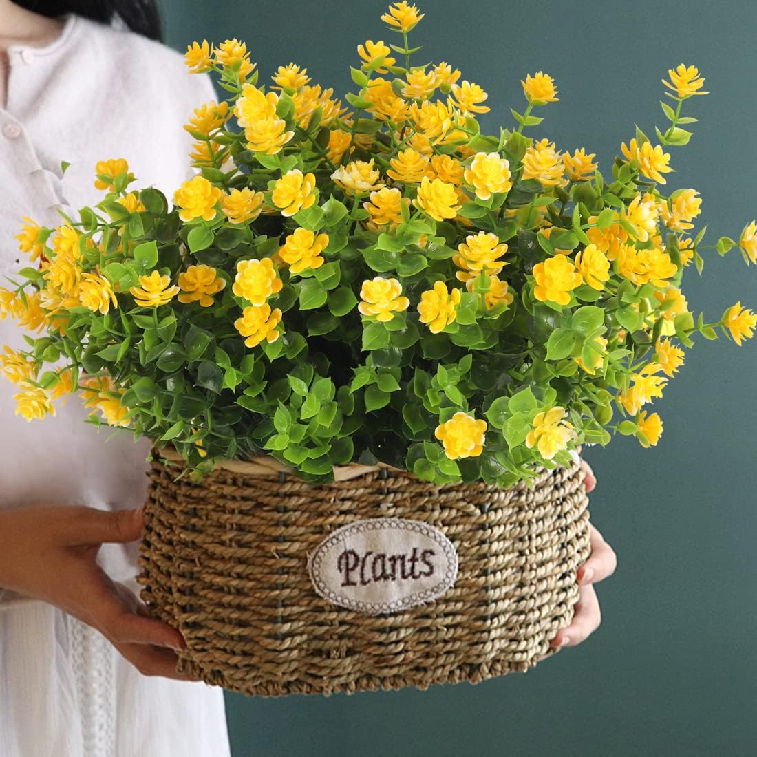 RECUTMS 12 Bundles Outdoor Artificial Flowers UV Resistant Fake Boxwood Plants, Faux Greenery for Indoor Outside Hanging Plants Garden Porch Window Box Home Wedding Farmhouse Décor（Yellow）
