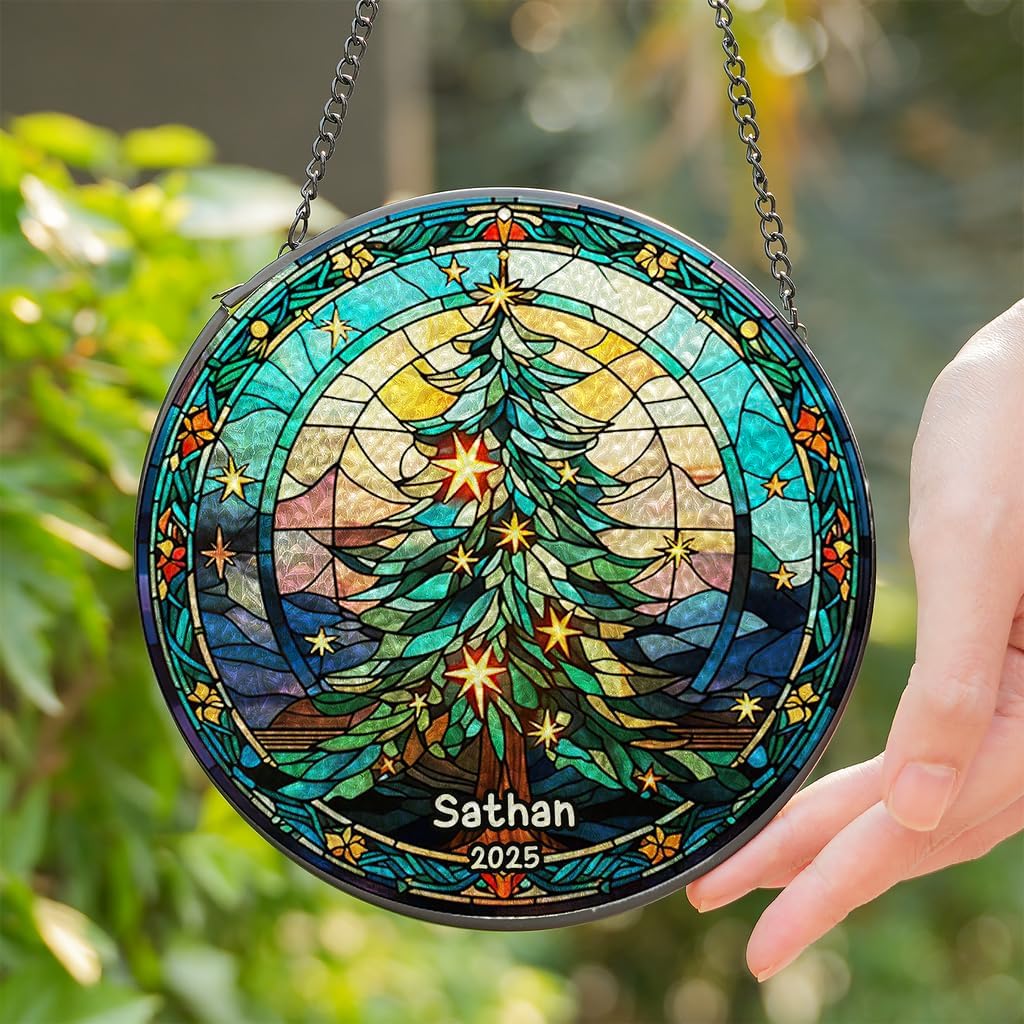 Personalized Stained Glass Christmas Tree Suncatcher, Christmas Handcraft Holiday Ornament with Name and Number, Gift for Family or Friend, Gift for Décor