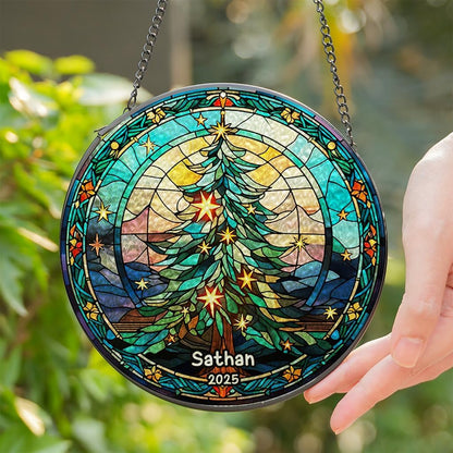 Personalized Stained Glass Christmas Tree Suncatcher, Christmas Handcraft Holiday Ornament with Name and Number, Gift for Family or Friend, Gift for Décor
