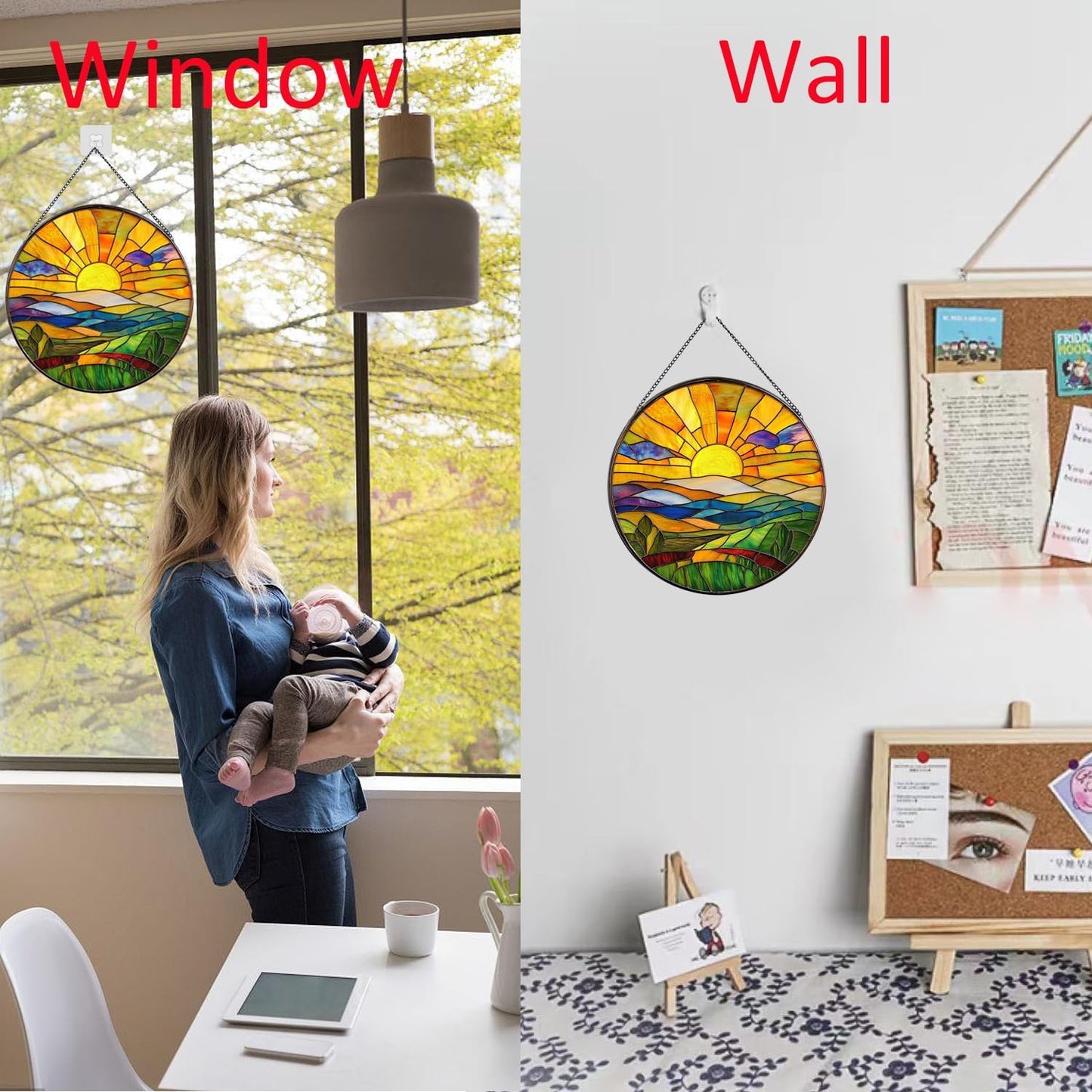 Hanging Stained Glass for Windows,20cm/7.87inch Sunrise Stained Glass Suncatcher Garden Hangings Christmas Mother's Day, Valentine's Day Ornaments Festival Housewarming Gift