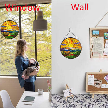 Hanging Stained Glass for Windows,20cm/7.87inch Sunrise Stained Glass Suncatcher Garden Hangings Christmas Mother's Day, Valentine's Day Ornaments Festival Housewarming Gift