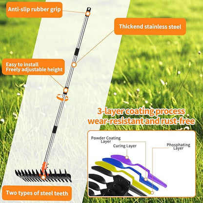Thatch Rake - 15" Dethatcher Rake for Lawns with Upgraded Dual-Action Tines, Efficient Garden Rake with 57" Adjustable Handle, Heavy Duty Steel Metal Rakes with Reusable Yard Waste Bag & Gloves