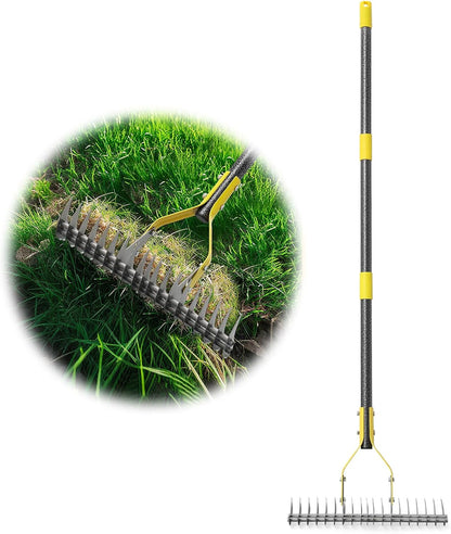 Thatch Rake 4.5FT Heavy Duty Metal Dethatcher Rake with Adjustable Long Handle 19-Tine 15” Wide Lawn Yard Garden Tool for Cleaning Dead Leaf Grass Loosing Soil