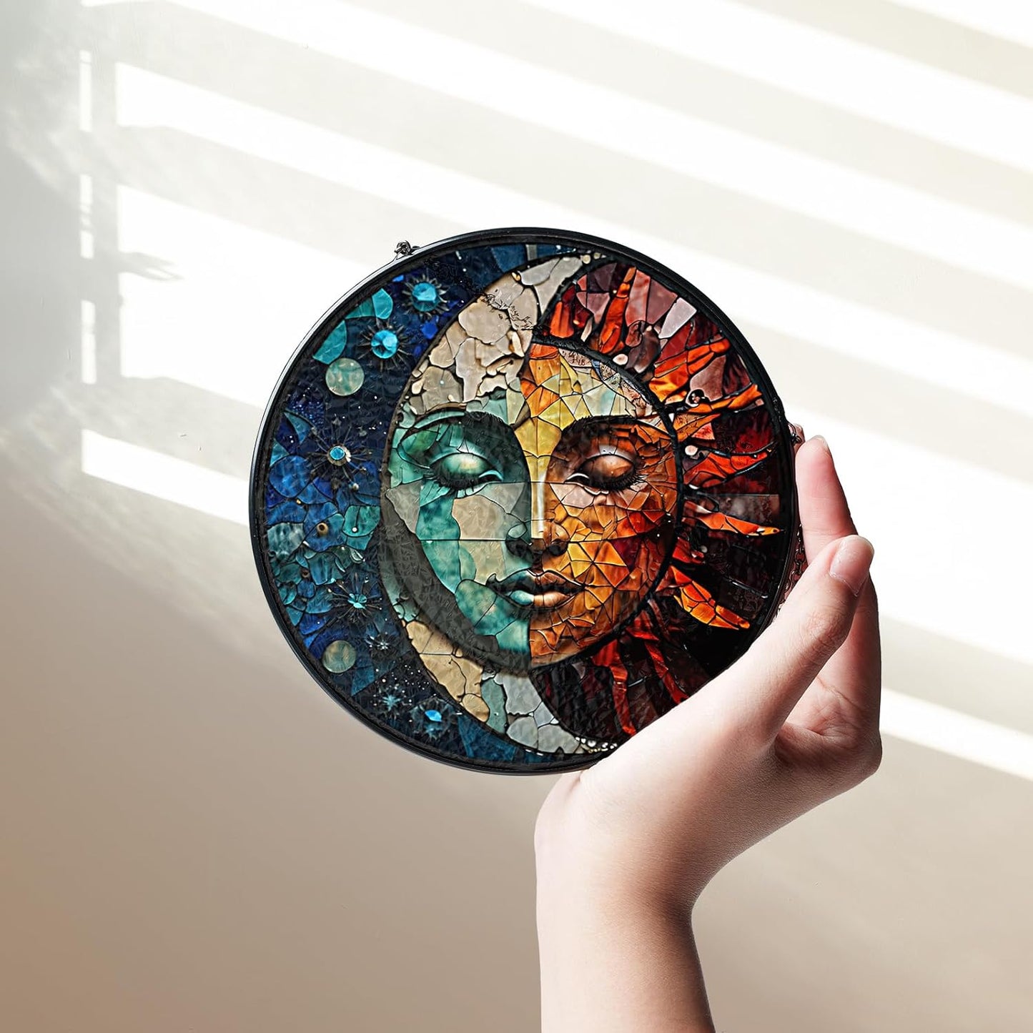 7.8" Sun and Moon Stained Glass Suncatchers Art Glass Celestial for Sun Catcher Indoor Window Gifts for Pet Animal Nature Galaxy Lovers Women Grandma Mom Friend Painted Glass Panel Décor ART-04E-SG8