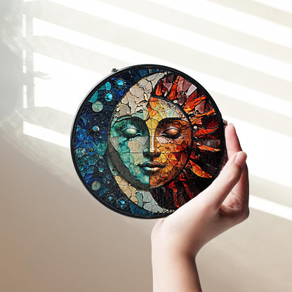7.8" Sun and Moon Stained Glass Suncatchers Art Glass Celestial for Sun Catcher Indoor Window Gifts for Pet Animal Nature Galaxy Lovers Women Grandma Mom Friend Painted Glass Panel Décor ART-04E-SG8