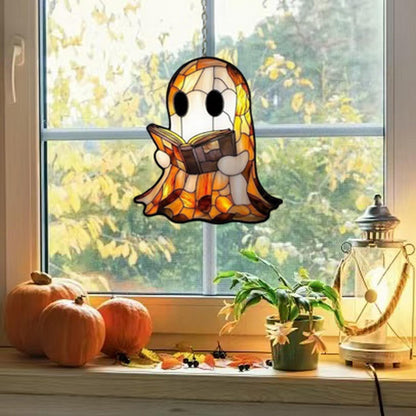 7.8inch Cute Ghost Suncatcher,Acrylic Suncatchers Reading Books Ghost Decor，Indoor Sun Catcher Windw Hanging，Halloween Stained Glass Decor for Room Family Wall Party