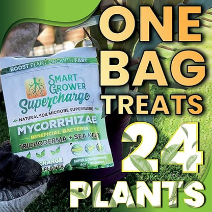 Mycorrhizal Fungi with Beneficial Bacteria, Trichoderma, Sea Kelp, Molasses, Yucca, Smart Grower Supercharge Plant Root Enhancer 4oz Super Concentrate Powder Makes 50 Gallons