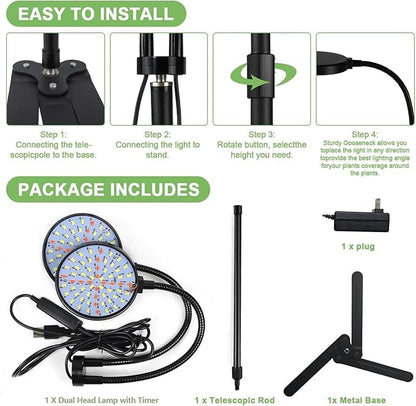Grow Lights for Indoor Plant, 6000K 174LEDs Full Spectrum Plant Lights for Indoor Growing, 4.7'' LED Dual Ring Height Extendable Grow Light, Auto On Off Timing 4/8/12Hrs, 12V 3A Plug High Power Output