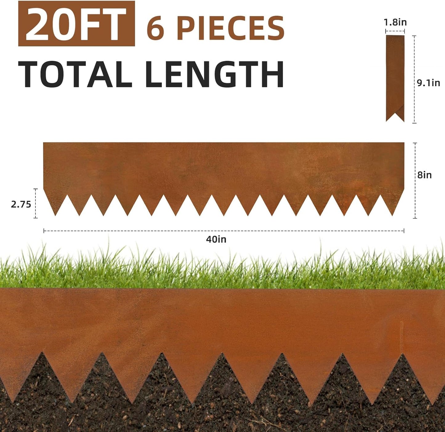 Weathering Steel Edging 6 Pack 40" L x 8" H Depth Corten Steel Landscape Edging Kit Rust Patina Finish, 20ft Total Metal Edging for Landscaping, Metal Garden Border & Lawn Edging