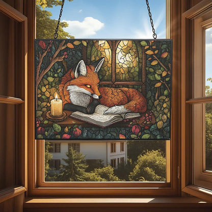 Personalized Rectangle Boho Fox Journaling in Forest Stained Glass Window Hanging, Stained Glass Window Decor Suncatcher for Women, Home Décor