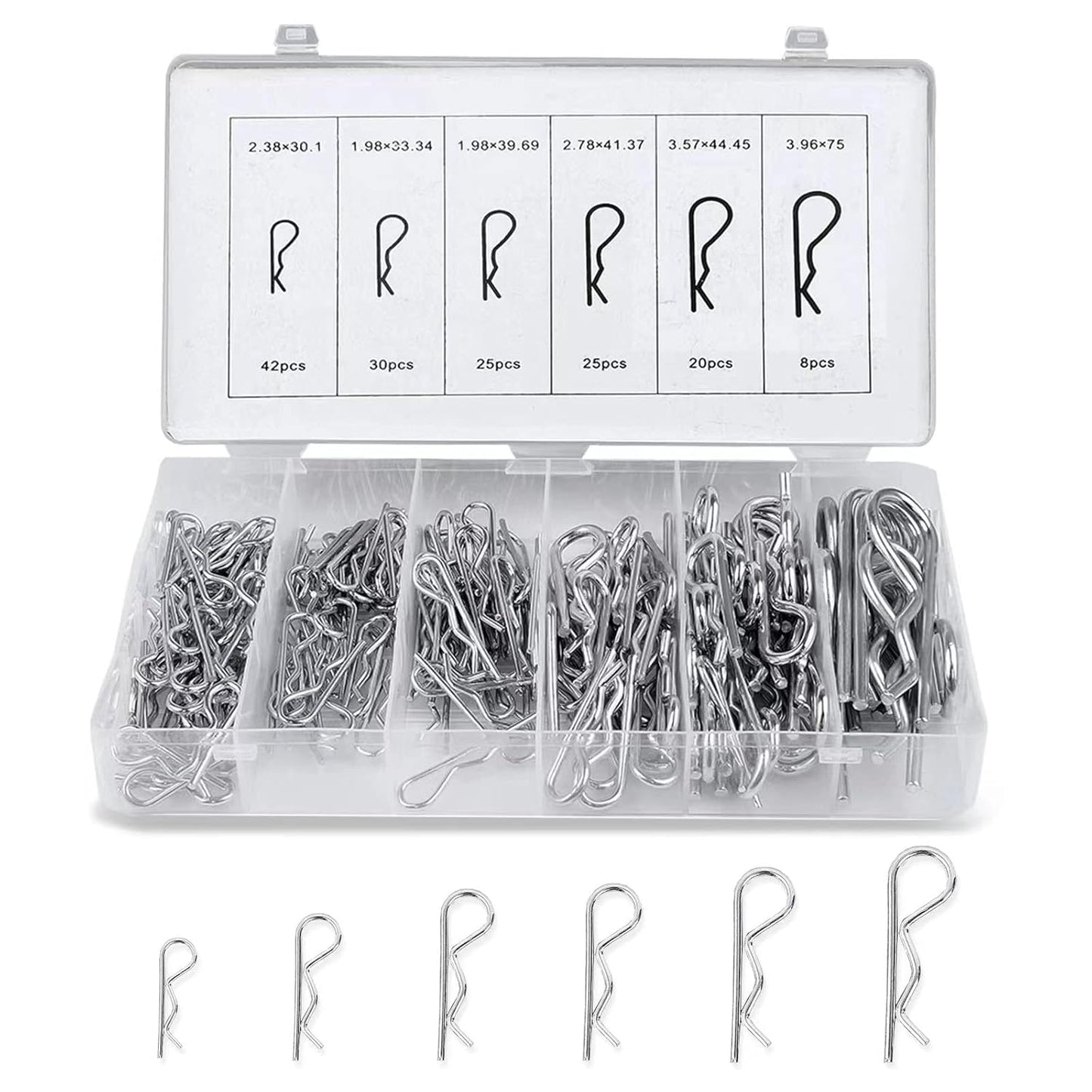 Boatsea Cotter Pin Assortment Kit, 150PCS 6 Sizes Hair Pin R Clips Assortment Kit, Zinc Plated Spring Steel Hairpin R Clips, Retaining Hair Pin for use on Hitch Pin Lock System