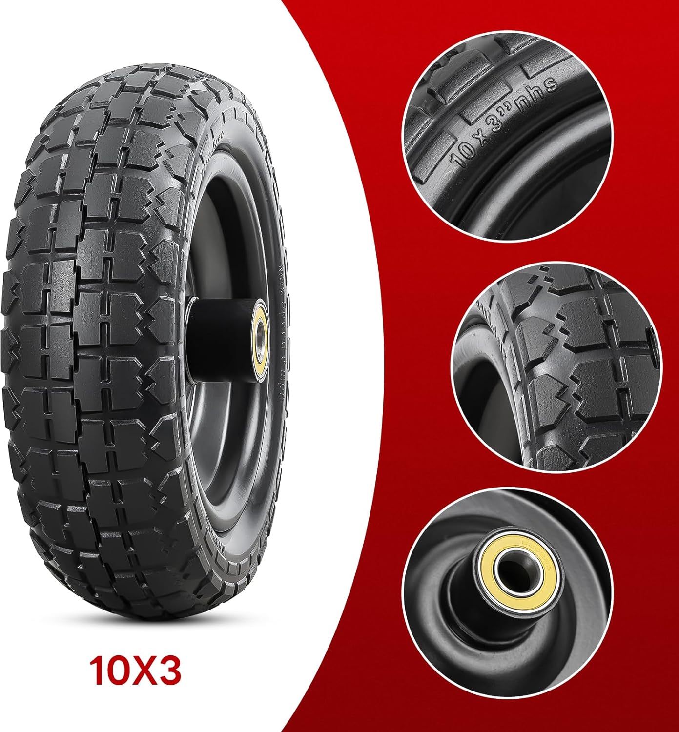 2 Pcs 10” Solid Tires, 10" x 3" Flat Free Tire and Wheel with 5/8” Axle Bore Hole and Double Sealed Bearings,2.1" Offset Hub Compatible with 10x3 Hand Truck, Wheelbarrow, Lawn Mower Tires