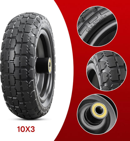 2 Pcs 10” Solid Tires, 10" x 3" Flat Free Tire and Wheel with 5/8” Axle Bore Hole and Double Sealed Bearings,2.1" Offset Hub Compatible with 10x3 Hand Truck, Wheelbarrow, Lawn Mower Tires