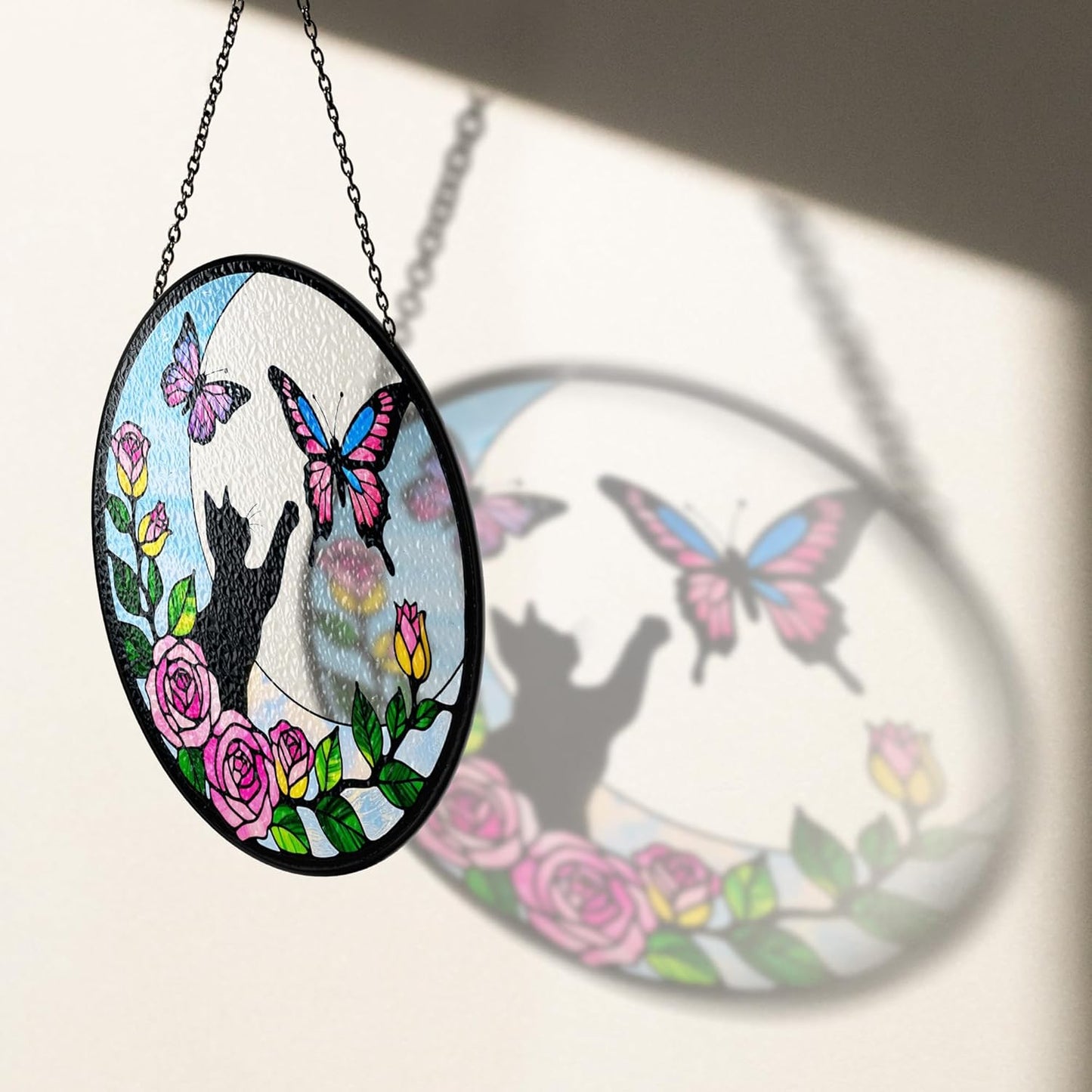 Black Cat Butterfly on Moon Window Hanging, Pet Stained Glass Suncatcher, Gift Ideas for Pet Lovers, Pet Decorations for Home, Birthday Gifts for Grandma Mom Women, Memorial Gift for Cat Loss