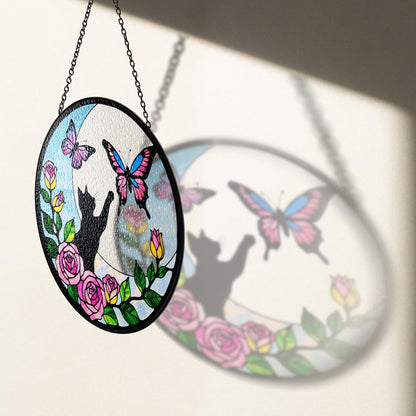 Black Cat Butterfly on Moon Window Hanging, Pet Stained Glass Suncatcher, Gift Ideas for Pet Lovers, Pet Decorations for Home, Birthday Gifts for Grandma Mom Women, Memorial Gift for Cat Loss