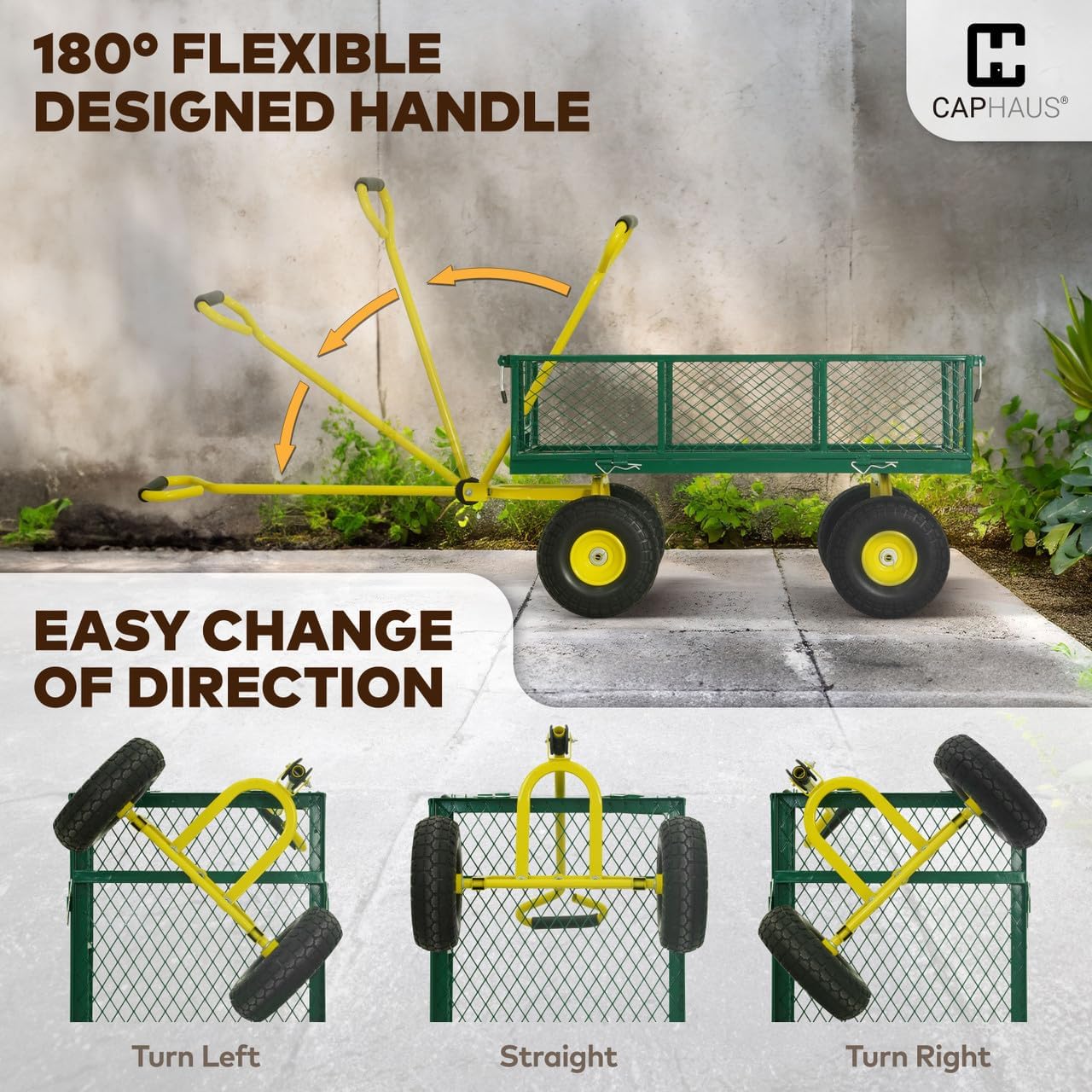 CAPHAUS Metal Black Garden Cart, w/ 180° Adjustable Yellow Handle, w/Mat and Strap, Heavy Duty 880 lbs Capacity, w/ 10” Flat-Free Tires, Sides Removable, Utility Wagon, Lawn Cart, for Garden, Yard