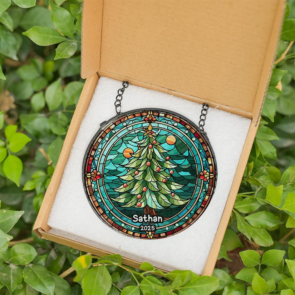Personalized Stained Glass Christmas Tree Suncatcher, Christmas Handcraft Holiday Ornament with Name and Number, Gift for Family or Friend, Gift for Décor