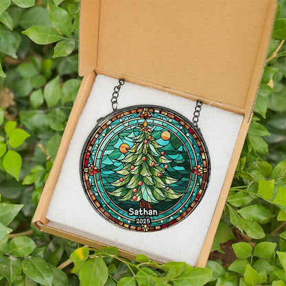 Personalized Stained Glass Christmas Tree Suncatcher, Christmas Handcraft Holiday Ornament with Name and Number, Gift for Family or Friend, Gift for Décor