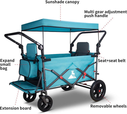 Foldable Wagon with Canopy - Collapsible Utility Cart with 2 Seats & Belts, Adjustable Handle, Expandable Front for Camping, Picnic, Shopping (Turquoise/Grey)