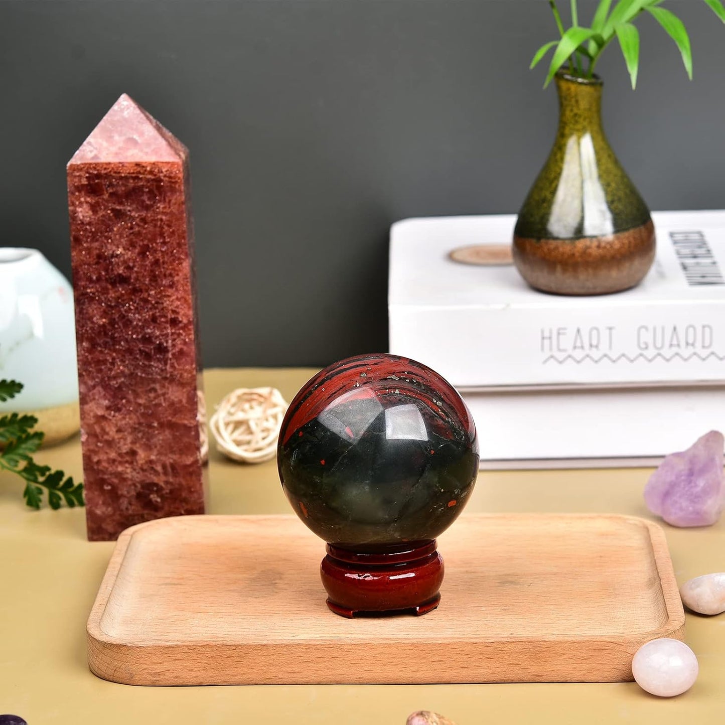 JIC Gem Real Quartz Crystal Sphere Ball African Bloodstone Healing Crystal Ball with Decoation Stand for Fengshui Meditation Ball (60-70mm)