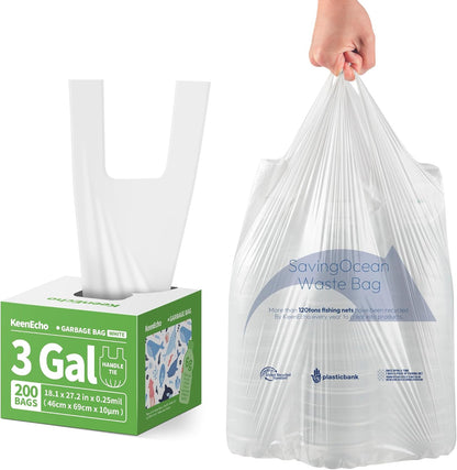 Small Trash Bags with Handles 3 Gallon 200 Count White - Ocean Plastic Upcycling - Plastic Garbage Bags, Can Bin & Waste Basket Liner for Kitchen, Bathroom, Office and Pets