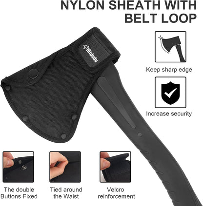 Camping Hatchet, 14" Camping Axe Throwing Axe for Outdoor Wood Splitting and Kindling, Forged Carbon Steel Heat Treated Survival Tool, Fiberglass Shock Reduction Handle with Anti-Slip Grip