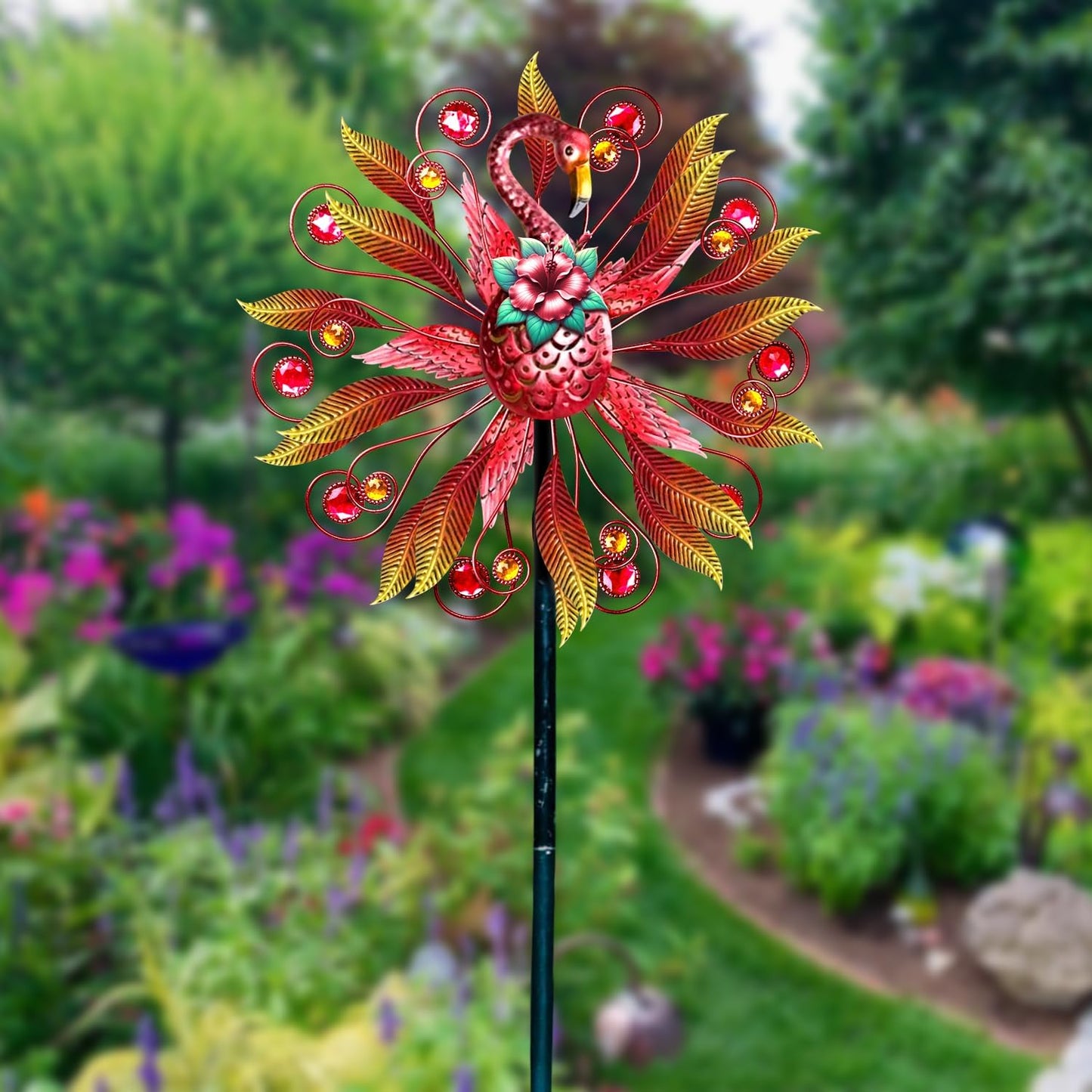 Flamingo Wind Spinner for Garden, Double Wind Sculpture Flamingo Wind Spinner for Garden Patio Yard Decor