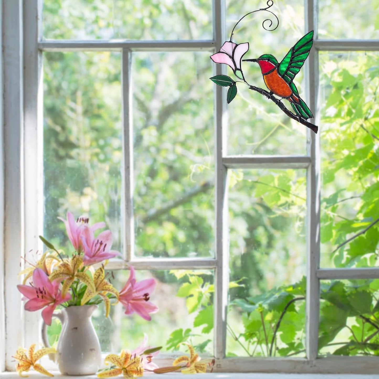 Handmade Stained Glass Hummingbird on Branch Colorful Glass Bird Suncatcher for Indoor Window Decor Unique Hummingbird Gift for Women,Mom,Grandma