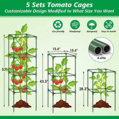 6Pack Tomato Cage, 57*15.4*15.4 Inches Garden Tomato Cages Plant Support Square Pole, Heavy Duty Steel Plant Tower Stakes,Cherry Tomato Trellis Cucumber for Climbing Vegetables Flowers Fruits-Green
