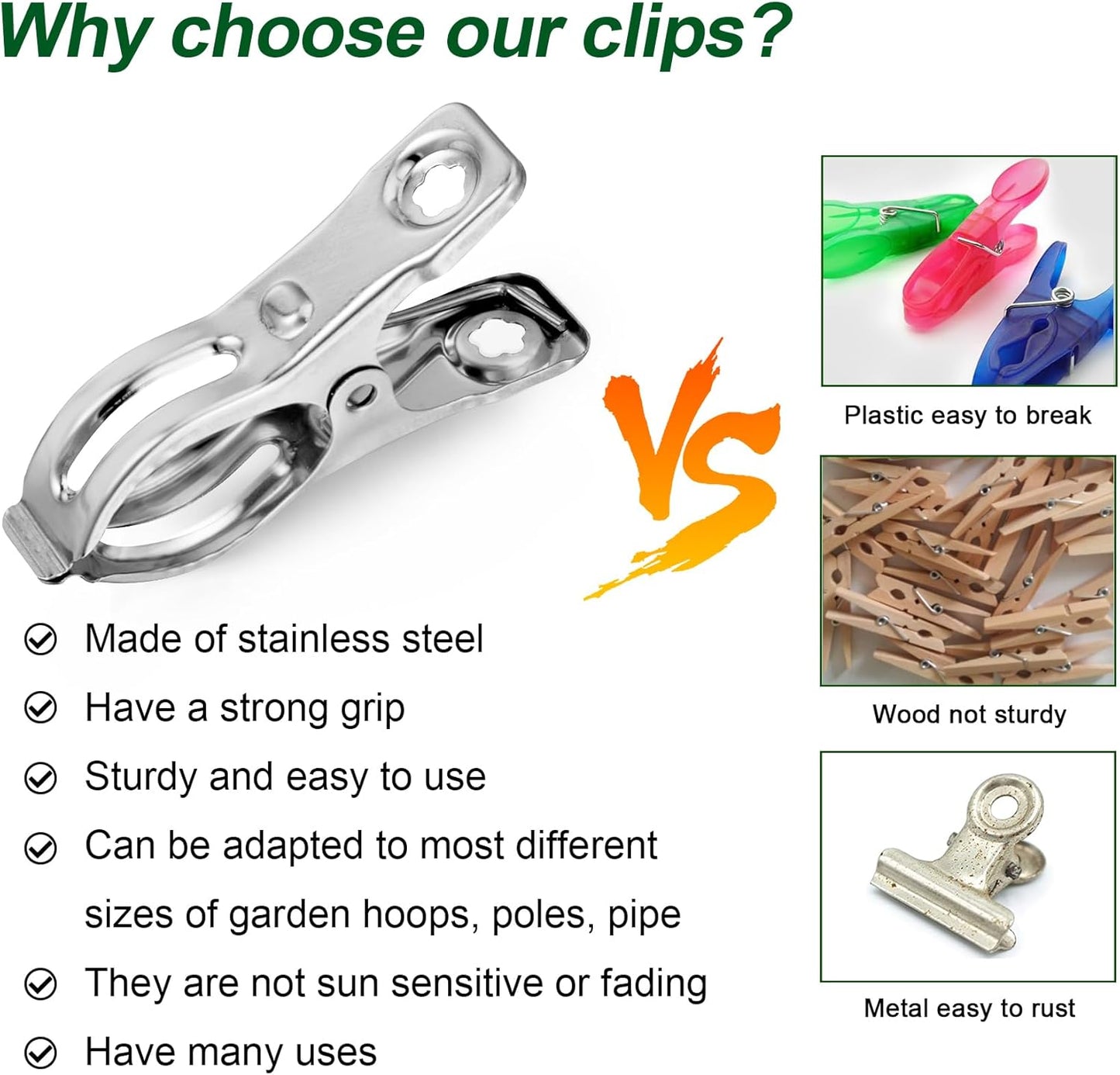 60 Pcs Row Cover Clips, Garden Clamps for Netting, Greenhouse Clamps Made of Stainless Steel, Have a Strong Grip of Greenhouse Clips, For 1/2'', 3/4'', 1'' Garden Hoops or Pvc
