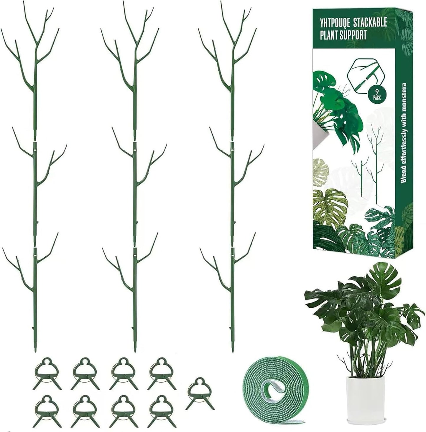9 Pack Green Plant Support Stakes Plant Stakes for Indoor and Outdoor Plants. 39.37inch Plant Sticks with Extension Poles, Plant Clips,Plant Ties for Potted Monstera Plants, Climbing Plants