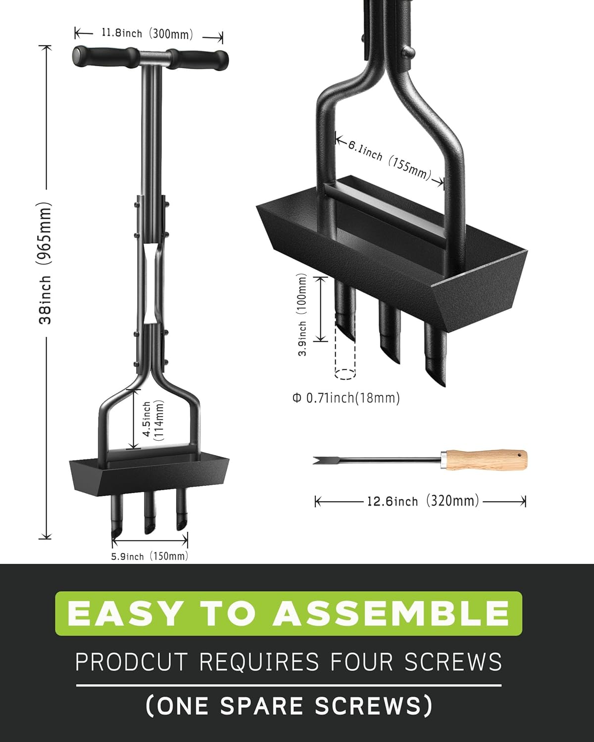 Lawn Aerator Coring Tool with Soil Core Tray, Manual Garden Plug Aerator for Grass Aeration, Yard Aerator & A Cleaning Tool for Compacted Soil, Lawn Care, 38”,Patented, Black Handle