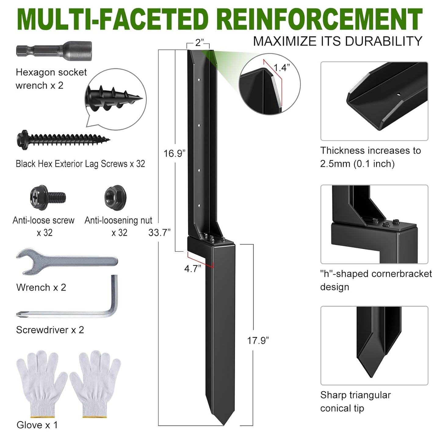 Fence Post Repair Kit，Heavy Duty Steel Fence Post Anchor Ground Spike ，Quick Fix Broken/Leaning Wood Posts with，and Fixed Fence Posts（8-Pack）