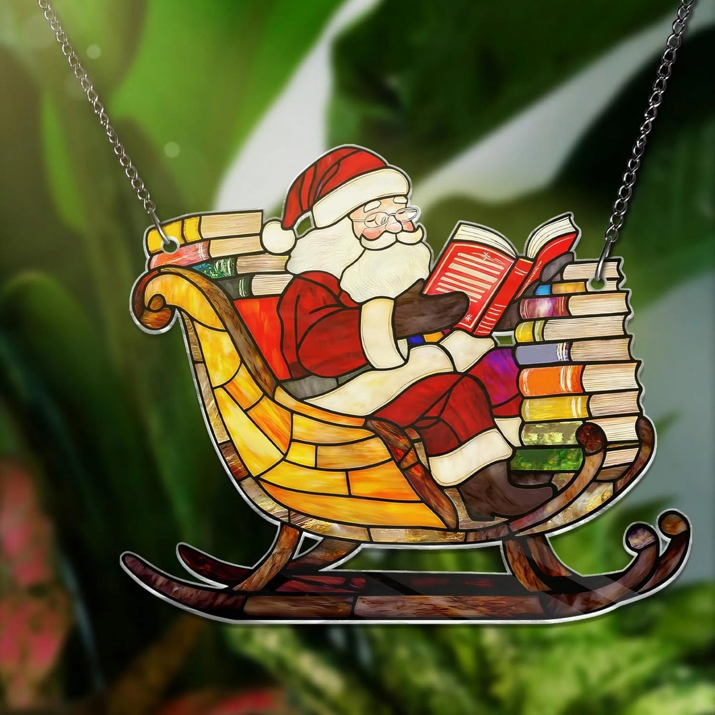 Christmas Sun Catcher for Window Hanging Read Book Santa Claus Designs Acrylic Suncatcher Decor for Wall Home, Garden, Housewarming Women Neighbor Party Cute Winter Xmas Gifts7.87inch