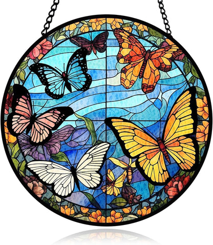 Butterfly Stained Glass Window Hanging, Suncatcher Panel for Window for Indoor Outdoor Decor, Wall Stained Glass for Balcony, Porch, Butterfly Ornament Birthday Gift for Boys and Girls, Housewarming