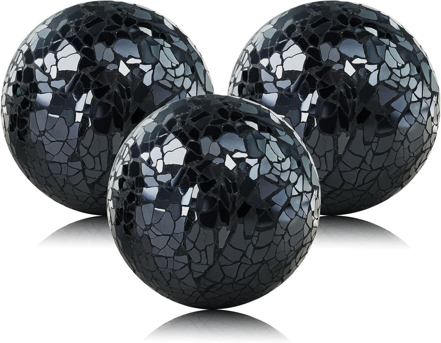 Decorative Balls for Centerpiece Bowls Black Mosaic Glass Orbs Sphere Crack Ball Mirror Globe Sparkle Coffee Table Decor Vase Filler Home Christmas 3 Pcs 3.35 Inch
