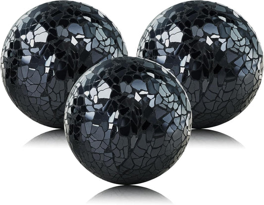 Decorative Balls for Centerpiece Bowls Black Mosaic Glass Orbs Sphere Crack Ball Mirror Globe Sparkle Coffee Table Decor Vase Filler Home Christmas 3 Pcs 3.35 Inch
