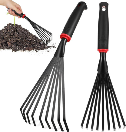 VANZACK 2pcs Gardening Hand Rakes Metal Ash Rakes Hand Tiller Mini Garden Cultivator Tools Portable Rake with Handle and 9 Tines for Yard Lawn Shrub Flower Beds