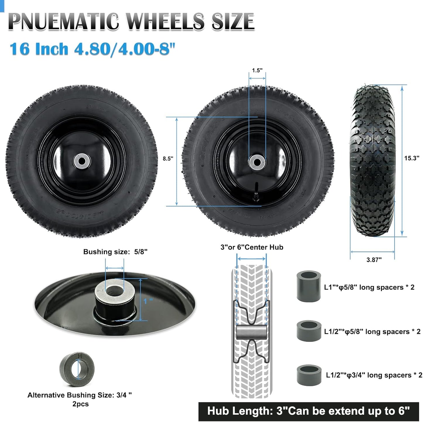 2-Pack of 4.80/4.00-8 Pneumatic Tire and Wheel,2PR (Air Filled)- 5/8"or 3/4" Powdered Metal bushings and 3"or 6"Center Hub,for Wheelbarrow,Garden and Utility Cart,Trolley,Wagon and More (MYTT4008-2)