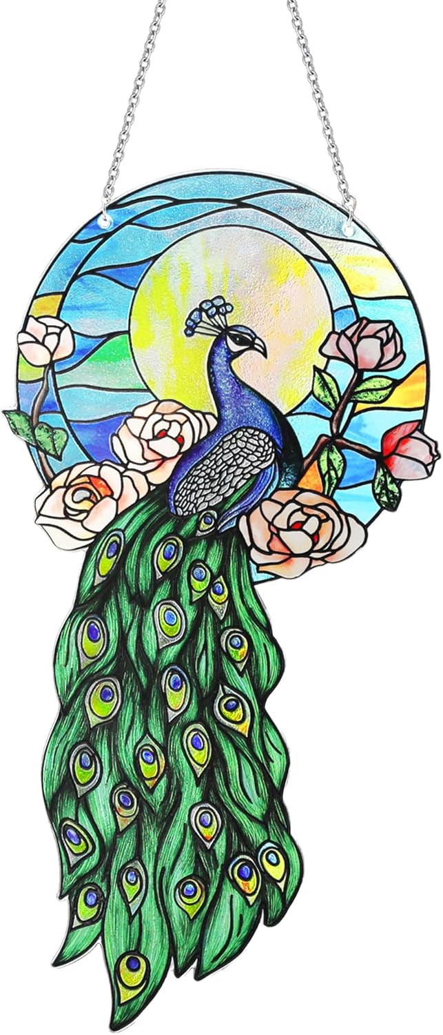 Stained Glass Suncatchers for Windows, Hanging Sun Catchers Indoor Window, Suncatchers for Porch & Garden Unique Peacock-Themed 12''x6''(uv Printed)