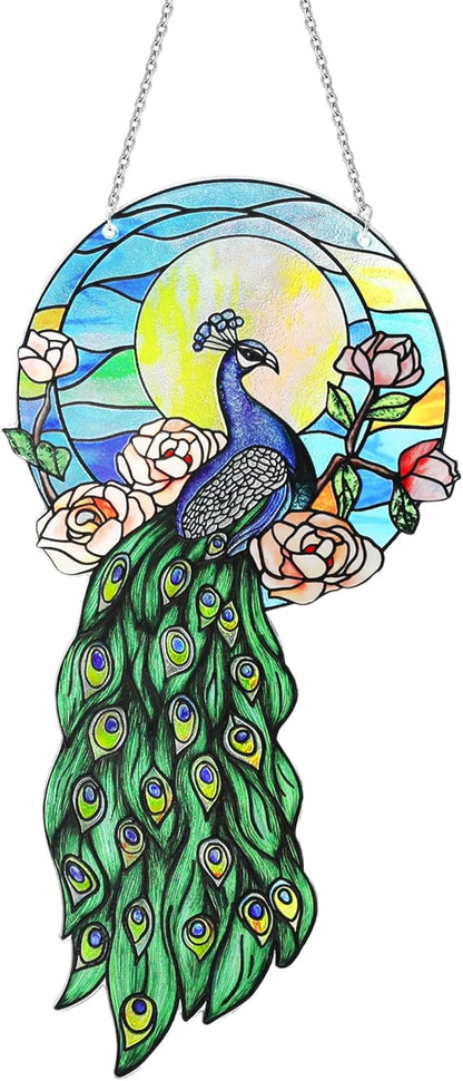 Stained Glass Suncatchers for Windows, Hanging Sun Catchers Indoor Window, Suncatchers for Porch & Garden Unique Peacock-Themed 12''x6''(uv Printed)