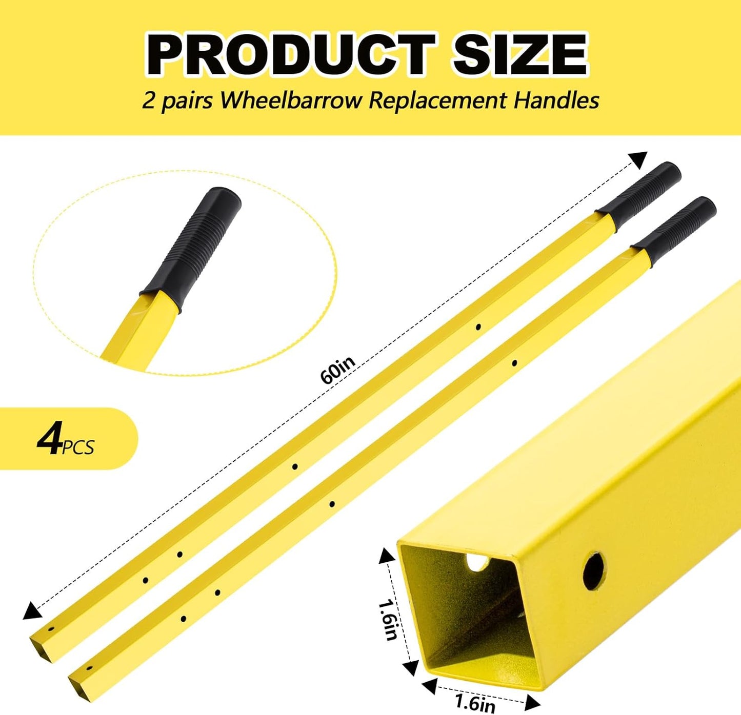 Gisafai 2 Pair Wheelbarrow Replacement Handles Kit 60 Inches Metal Wheelbarrow Handles Heavy Duty Yellow, Easy Install
