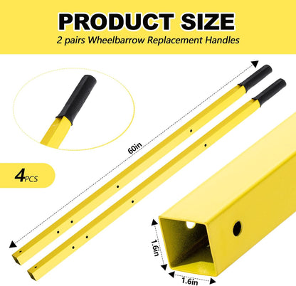 Gisafai 2 Pair Wheelbarrow Replacement Handles Kit 60 Inches Metal Wheelbarrow Handles Heavy Duty Yellow, Easy Install