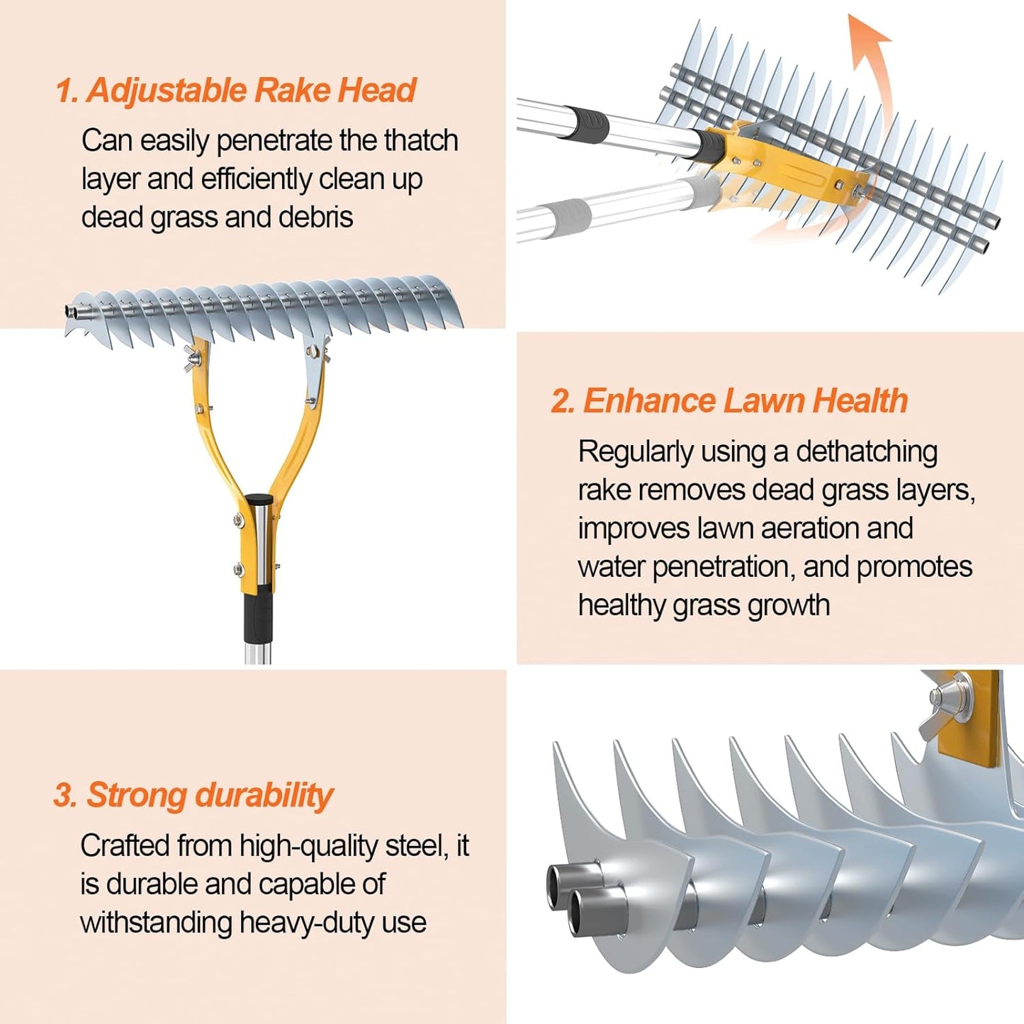 TOOVEM Thatch Rake, 15-inch Lawn Thatching Rake with Heavy Duty Steel Tines & Ergonomic Handle, 70-Inch Professional Dethatching Rakes for Effective Lawn Care, Garden & Yard Tool