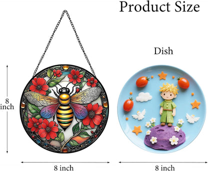 Bee Suncatchers for Windows Hanging - 8 inches Stained Glass Sun Catchers Indoor Window, Suncatcher Stain Glass Window Hanging for Home Decor, Gifts for Holiday Wall Art