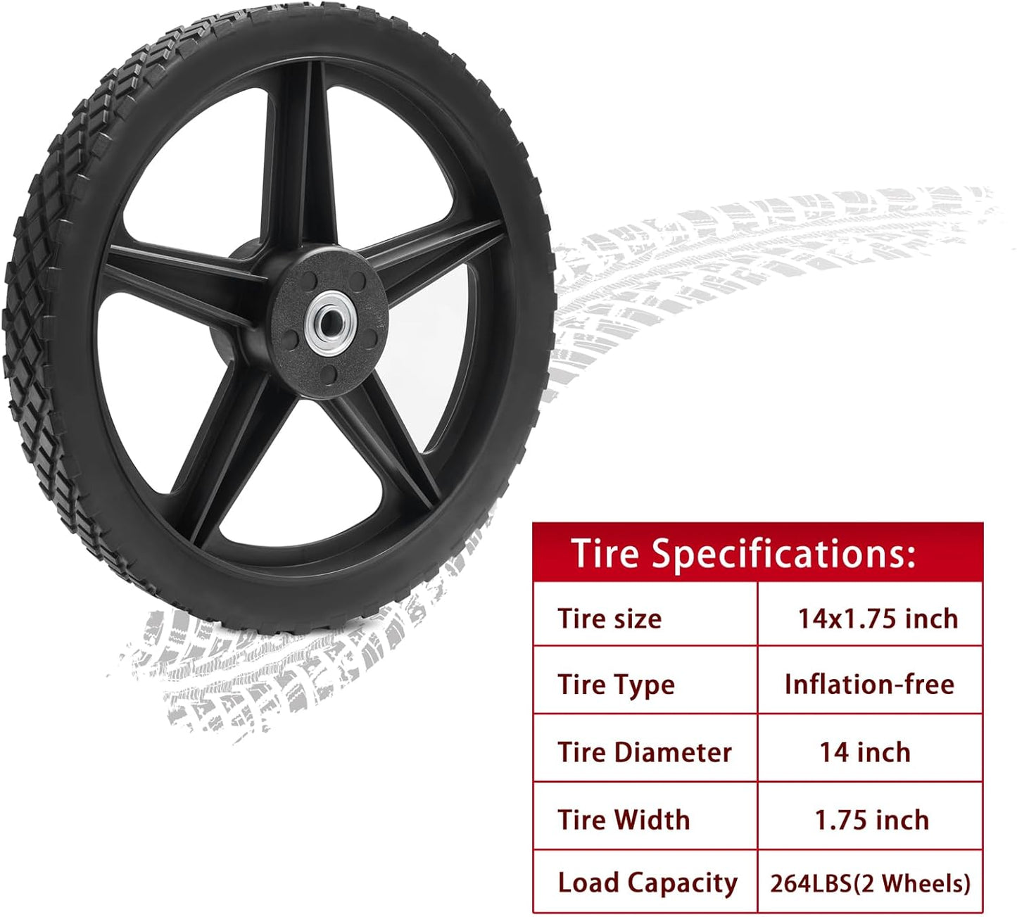 Parts Camp 14" Spoked Plastic Wheel and Tire 14 x 1.75'' Lawn Mower Wheels Kits For Push Mowers/Hand truck tires/Tool carts/Garden cart/Pressure Washer/Generator/Wheelbarrow/Dolly Wheel(Set of 2)