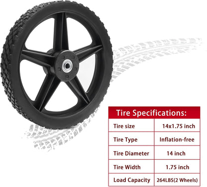 Parts Camp 14" Spoked Plastic Wheel and Tire 14 x 1.75'' Lawn Mower Wheels Kits For Push Mowers/Hand truck tires/Tool carts/Garden cart/Pressure Washer/Generator/Wheelbarrow/Dolly Wheel(Set of 2)