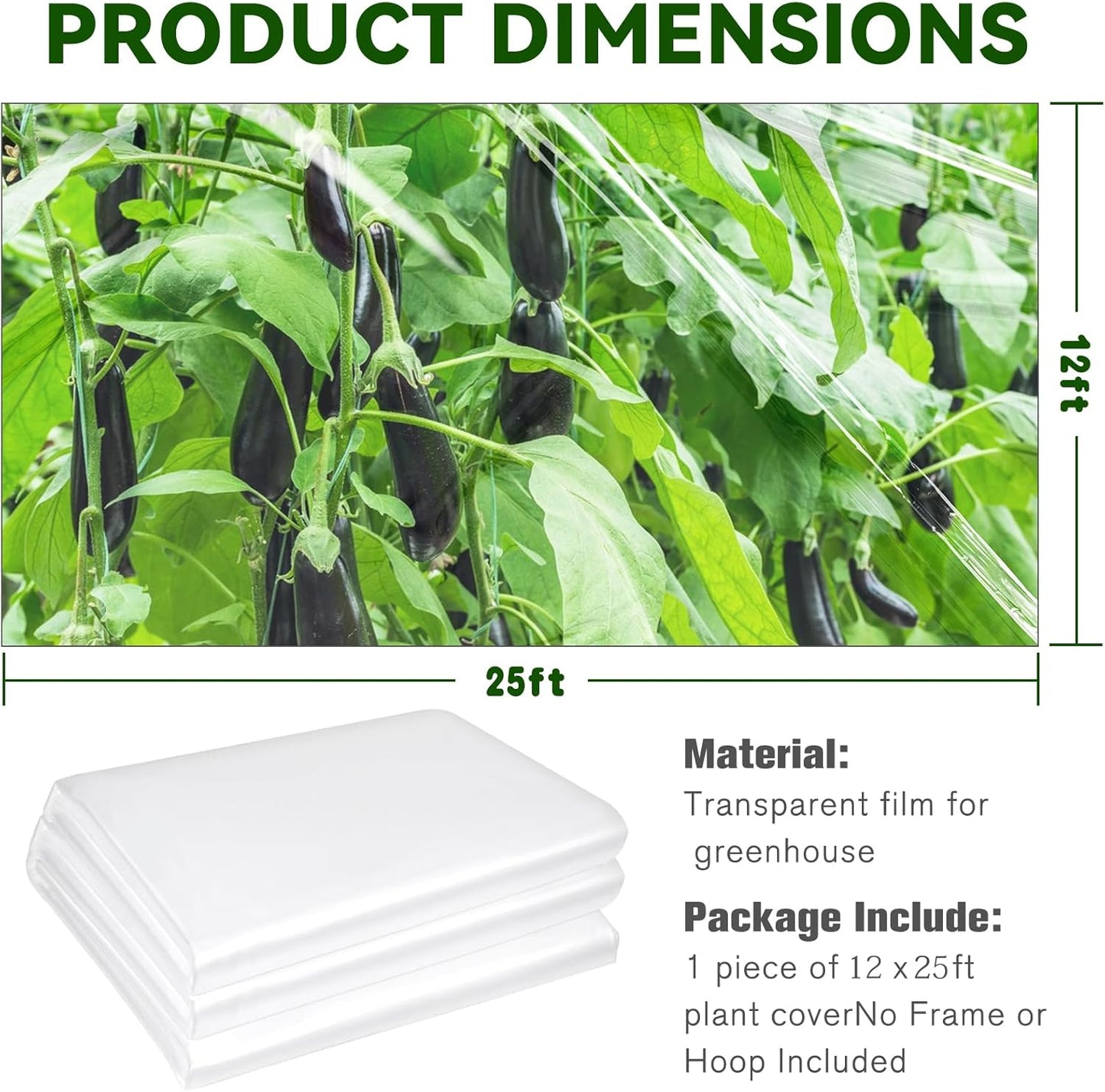 Greenhouse Plastic Sheeting- 6 mil Clear Plastic Sheeting -Waterproof Cover, UV Resistant Poly Tarp Hoop Covering for Farms Greenhouse Garden Outdoor, 12x25 FT
