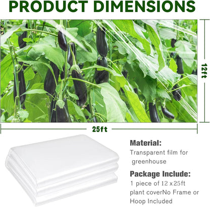 Greenhouse Plastic Sheeting- 6 mil Clear Plastic Sheeting -Waterproof Cover, UV Resistant Poly Tarp Hoop Covering for Farms Greenhouse Garden Outdoor, 12x25 FT